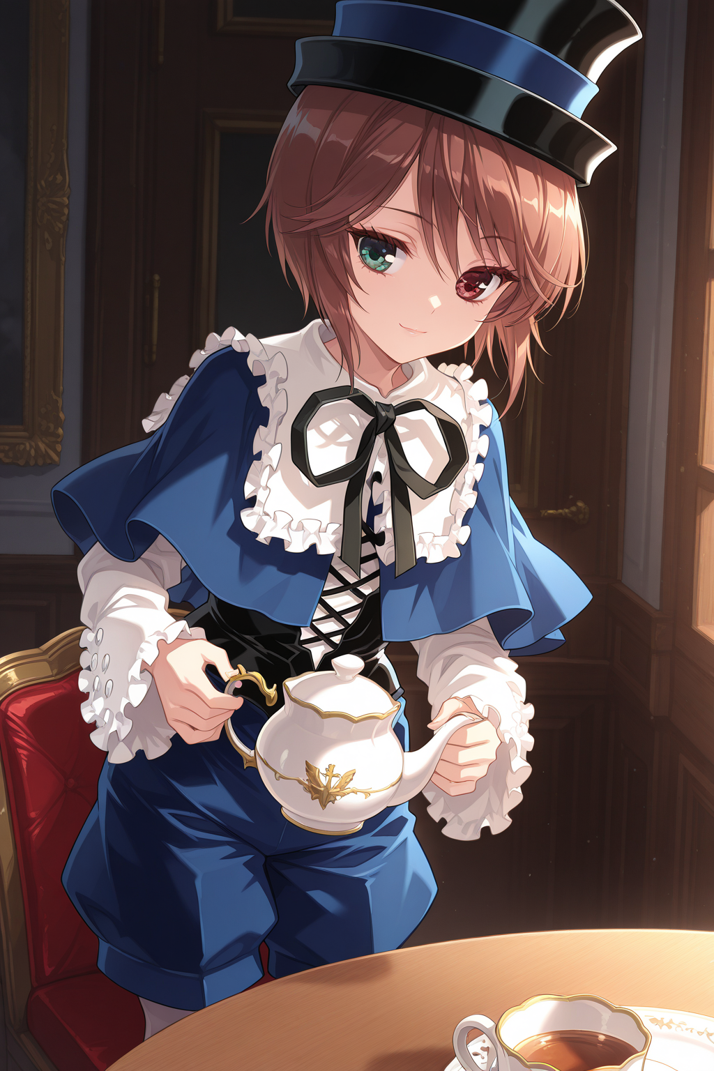 1girl, SouseisekiRozenMaiden, 
general, solo, pov across table, upper body,
eyelashes,
top hat, kodona,
frilled shirt collar, neck ribbon, blue capelet,
white shirt, long sleeves,
black corset,
blue shorts, white pantyhose, 
looking at object, light smile,
standing, holding teapot,
indoors, gothic, table, cup,
<lora:kp_SouseisekiRozenMaidenIllustrious_v1_0:1.0>,
masterpiece, best quality, amazing quality