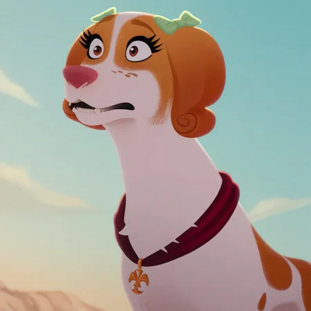 score_9, score_8_up, score_7_up, score_6_up, source_furry, source_cartoon, best quality, masterpiece, absurdres,
1girl, solo, tanebl, spaniel, female, feral, dog,
green bow, brown eyes, freckles, wide-eyed, shocked, standing,
red collar, pendant,
outside, hedge, sky