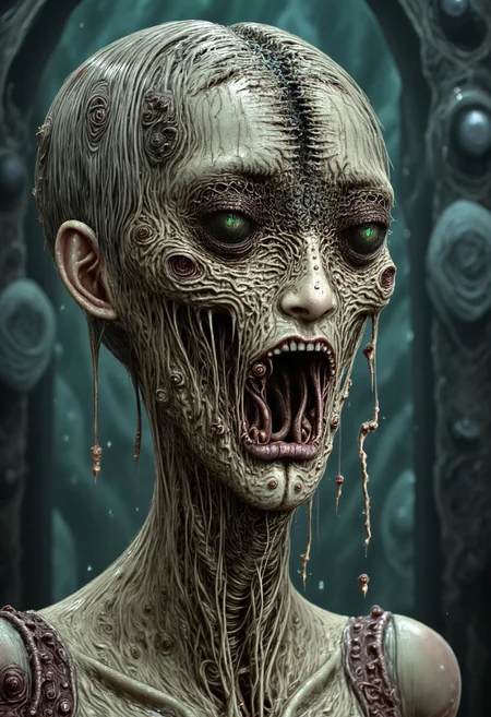 body horror, Nightmarish hyper-realistic portrait of an eldritch biomechanical entity. Its elongated skull merges chitinous exoskeleton with corroded metal, featuring pulsating veins of viscous, bioluminescent fluid. Multiple pairs of obsidian eyes, arranged in unsettling asymmetry, reflect unknowable cosmic horrors.
The "skin" is a writhing mass of translucent, oil-slick tendrils intertwined with tarnished pipes and piston-like protrusions. Fractal patterns of alien circuitry glow with an unholy, sickly green light across its surface. A maw of serrated metal and bone fragments constantly reconfigures itself, while tentacle-like appendages undulate from its neck, tipped with barbed sensors and dripping orifices.
The background depicts a nightmarish hellscape of impossible architecture—towering monoliths of flesh and steel, defying Euclidean geometry. Swirling, eldritch mists obscure the horizon, hinting at even greater horrors beyond.
Lighting contrasts stark, alien bioluminescence with the eerie glow of dying stars, casting twisted shadows that seem to move independently. The color palette combines deep sea blues, putrid greens, and the rust of ancient blood.
Rendered with unnerving clarity, every glistening tendril and corroded gear is captured in excruciating detail. The entity looms large, its gaze piercing directly into the viewer's soul, evoking profound cosmic dread and the insignificance of humanity before incomprehensible beings.