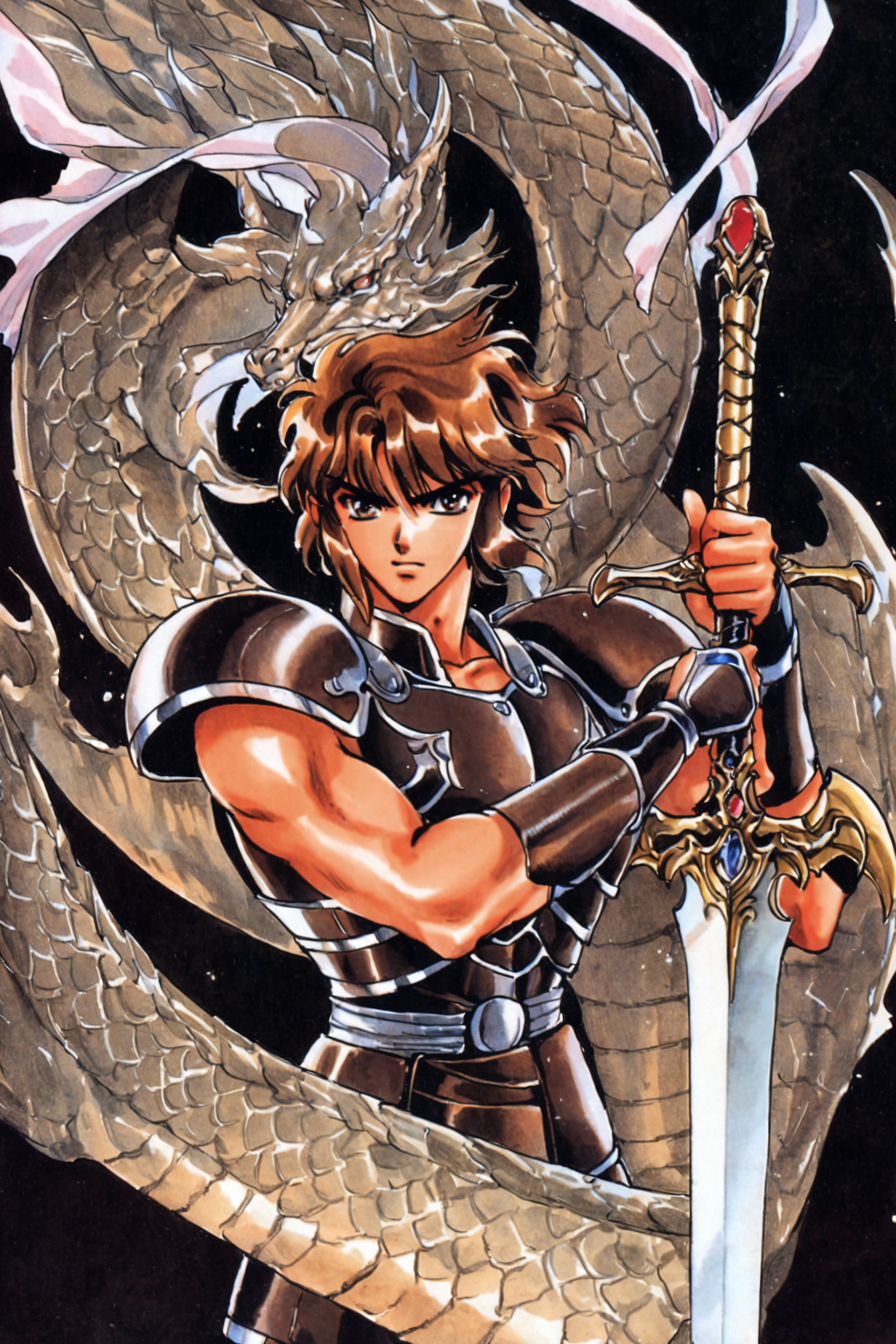 Nagas,weapon,sword,armor,solo,brown hair,1boy,retro artstyle,male focus,dragon,1990s (style),black background,traditional media,<lora:RG Veda_XL:0.8>,