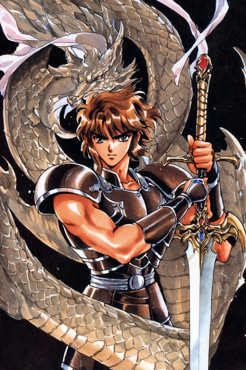 Nagas,weapon,sword,armor,solo,brown hair,1boy,retro artstyle,male focus,dragon,1990s (style),black background,traditional media,<lora:RG Veda_XL:0.8>,