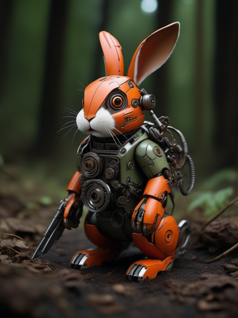 jixie,This is a mechanized rabbit with a cyberpunk style. The rabbit's body has been mechanized. The characteristics of gears and wires are very obvious, which can be seen from its mechanical details and the pliers-like weapon in its hand. The background indicates an outdoor scene, possibly a forest or woodland area, as there are green leaves and natural debris on the ground. The orange and brown tones of the rabbit blend into the surrounding environment. Turning around and looking at the screen, there is soft light,<lora:ä»¿çæºæ¢°V1:0.7>,