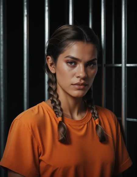 woman, beautiful, sligtly dark skin, tied hair, jail, orange shirt, dual braids, dark background, frontal<lora:Lucia_CaminosVI:1> lucia_caminos, score_9, score_8_up, score_7_up, score_6_up, (ultra sharp focus)