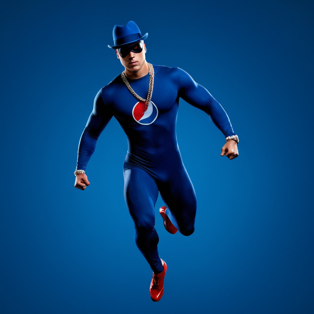 cinematic film still of  <lora:detailed_notrigger:0.3>
 <lora:Pepsiman v2:1>
Pepsiman (Character) a man in a blue suit is jumping, detailed, sharp, perfect style, perfection style, Pepsiman style, solo, simple background, 1boy, full body, male focus, necklace, muscular, bodysuit, blue background, chain, hat, english text, parody, top hat, superhero
, shallow depth of field, vignette, highly detailed, high budget, bokeh, cinemascope, moody, epic, gorgeous, film grain, grainy