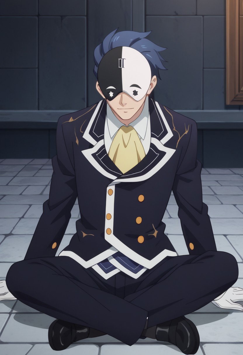 score_9, score_8_up, score_7_up, source_anime, rating_safe, VanirKONOSUBA, black-white_Vaniru_eye mask, blue_Vanir_hair, 1boy, male focus, anime screencap, black-white_Vanira_tailcoat, yellow_Vanir_ascot, black_Vanir_pants, black_Vanir_shoes, white_Vanir_gloves, gold_buttons, sitting,