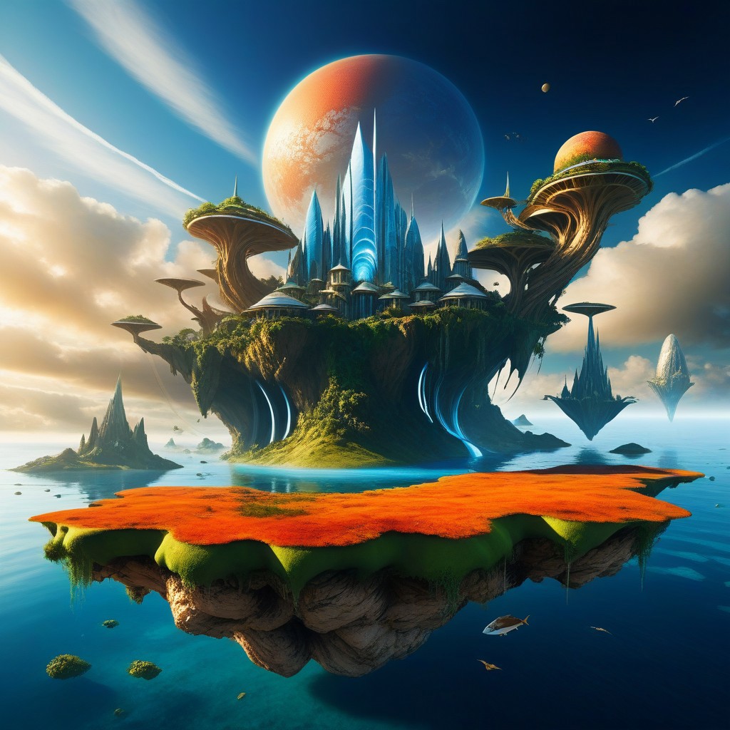 Create a hyper-realistic, high-resolution image of an imaginative and surreal world. Combine elements of fantasy and reality using cutting-edge photorealistic techniques. Imagine a landscape where elements like floating islands, futuristic architecture, and mythical creatures coexist. The scene should have a dynamic interaction between light and shadow, with vibrant colors and textures that feel tactile. The image should evoke a sense of wonder and awe, pushing the boundaries of creativity.