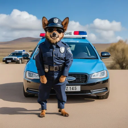 A HuWoof dressed as a policeman with a police car in the background <lora:SDXL_HuWoof_LoRA:1>