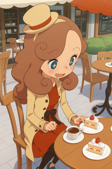 masterpiece, best quality, amazing quality, katriellelayton, 1girl, solo, sitting, drooling, sparkling eyes, open mouth, smile, upper body, looking down, black ribbon, brown hair, blue eyes, small brown hat, brown coat, red dress, black leggings, blue shoes, outdoors, cafe, parasol, table, chair, cake slice