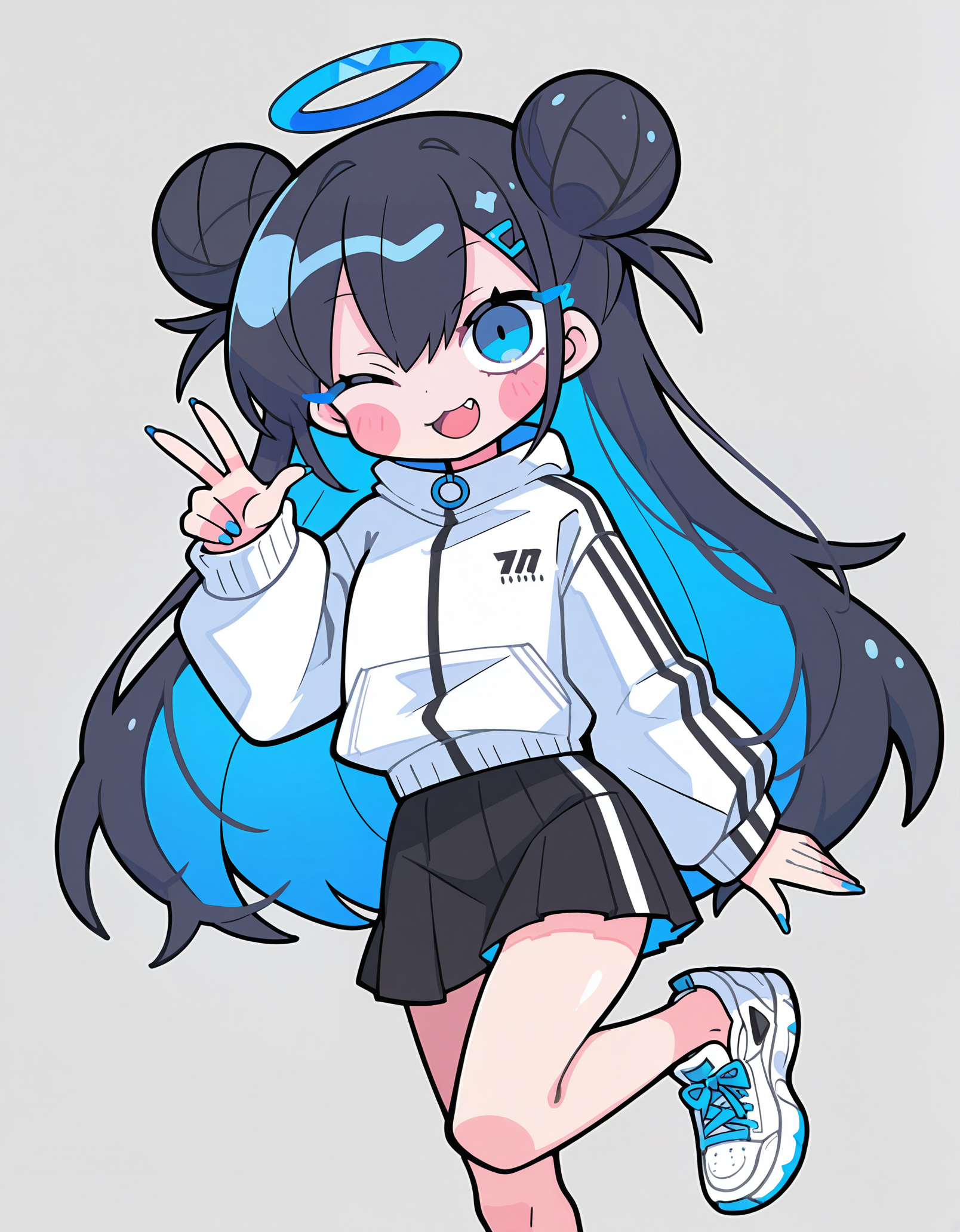 masterpiece,  best quality, newest, highres, absurdres,  <lora:terad4_style:1>, terad4_illu,1girl, one eye closed, hair bun, shoes, fang, skirt, double bun, halo, multicolored hair, blue nails, blush stickers, long hair, blue eyes, white footwear, long sleeves, standing on one leg, black skirt, colored inner hair, nail polish, looking at viewer,halftone,