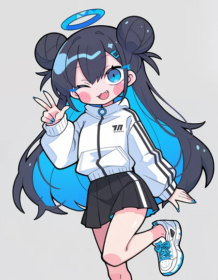 masterpiece, best quality, newest, highres, absurdres, <lora:terad4_style:1>, terad4_illu,1girl, one eye closed, hair bun, shoes, fang, skirt, double bun, halo, multicolored hair, blue nails, blush stickers, long hair, blue eyes, white footwear, long sleeves, standing on one leg, black skirt, colored inner hair, nail polish, looking at viewer,halftone,