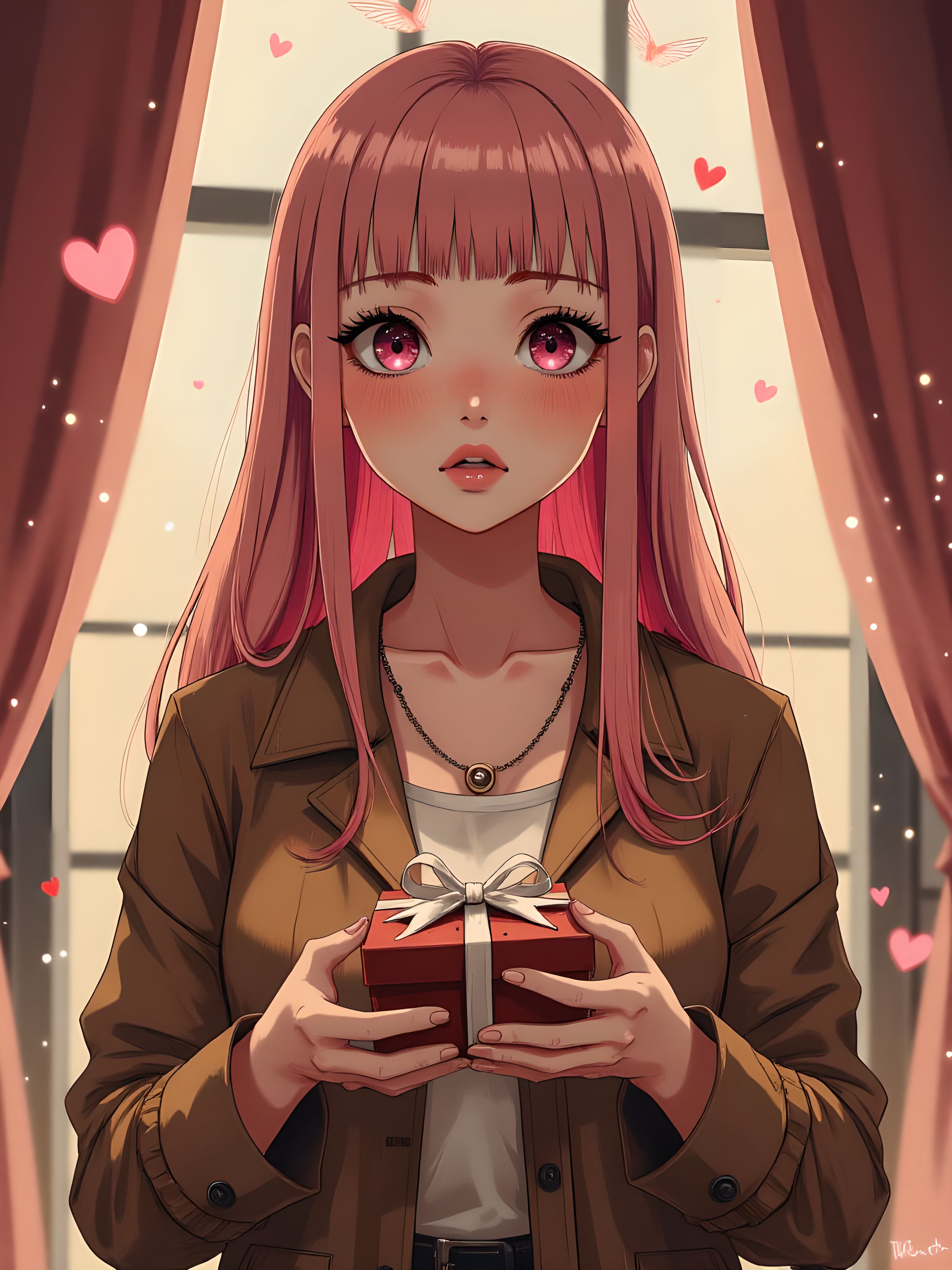 A shy woman with long, pink hair and blunt bangs stands before the viewer, her pink eyes shimmering with nervous excitement. A deep blush spreads across her cheeks, and her slightly open mouth suggests she is hesitating, struggling to find the right words. She wears a brown coat with long sleeves, the fabric slightly wrinkled from clutching a neatly wrapped gift box—a small box of chocolates, tied with a delicate ribbon. Her hands tremble slightly as she extends the present forward, embodying the essence of an incoming Valentine’s gift. The background is a soft, blurry haze, adding a dreamlike quality to the moment. Gentle film grain enhances the warmth of the scene. A small heart seems to float near her head, symbolizing her flustered emotions, and faint traces of spoken blush suggest she's murmuring a few nervous words. A delicate pendant rests against her chest, catching the light as she tilts her head slightly, looking directly at the viewer with hopeful anticipation. Tiny head wings flutter slightly, adding a whimsical touch, while subtle wings in the background suggest an ethereal presence. The overall atmosphere is soft and romantic, perfectly capturing the tender, heart-racing moment of a Valentine’s confession. aidmaimageupgrader, aidmaMJ6.1m, detailmaximizer, mythp0rt, ne0nfant4sy, drkfnts, hkmagic, vantablack <lora:aidmaImageUpgrader-FLUX-V0.2:0.8> <lora:aidmaMJ6.1_aidmaMJ6.1-FLUX-v0.4:0.7> <lora:Luminous_Shadowscape-000016:0.7>