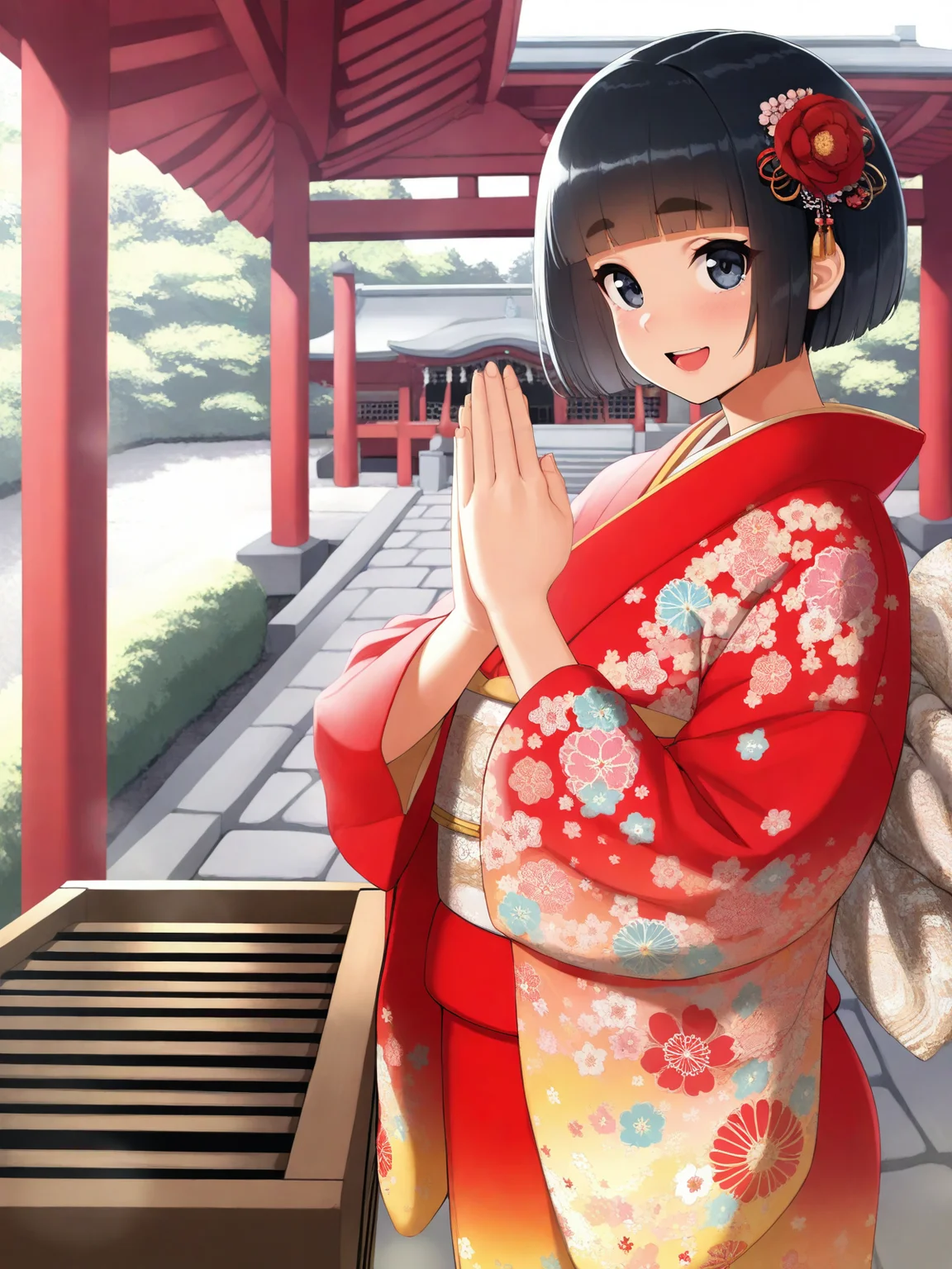 (masterpiece,best quality,ultra_detailed,highres,absurdres:1.2,amazing quality,very aesthetic),<lora:what naze style ilxl_v1:0.8>,1girl,japanese clothes,kimono,red kimono,hair ornament,solo,donation box,black hair,short hair,smile,open mouth,shrine,new year,thick eyebrows,looking at viewer,praying,hair flower,flower,sash,outdoors,own hands together,blunt bangs,obi,floral print,print kimono,black eyes,furisode,:d,blue eyes,standing,wide sleeves,box,