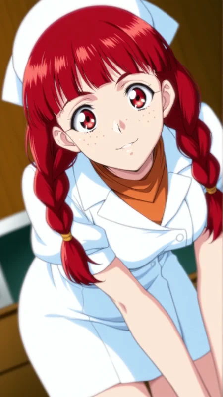 source_anime, general, best quality, masterpiece, 1girl, <lora:Rosalie_Serue_ill_v1.0:1> rosalie_serue\(srw\), red eyes , red hair, freckles, twin braids, bandana, nurse, dutch angle, dynamic pose,