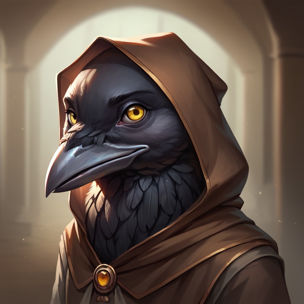 (((detailed, beautiful, high quality))), score_9, score_8_up, score_7_up, ((solo)), 
kenku, anthro bird, anthro crow, plumage,
1 boy, male focus, yellow eyes, brown capulet with hood, grey shirt,
looking at viewer, looking to the right, posing,
fantasy background, blurred background,