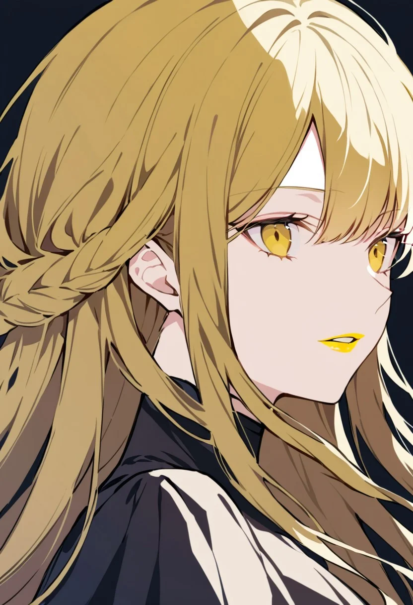anime, 1girl, lipstick, yellow lipstick, ball gown, looking to side, simple background, dark, expressionless, long hair, hair highlights, braids, fancy hair, close up