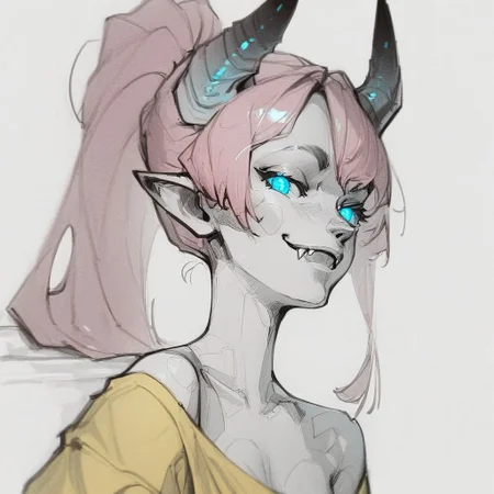 sketch, monochrome, greyscale, score_9, score_8_up, score_7_up, masterpiece, best quality, absurdres, vibrant, highly detailed, upper body, Lynn Pink, blue eyes, pink hair, ponytail, tail, horns, pointy ears, fangs, (((adult))), small breasts, simple yellow shirt, long sleeves, off shoulder, no bra, smug face, looking at viewer, white background, simple background