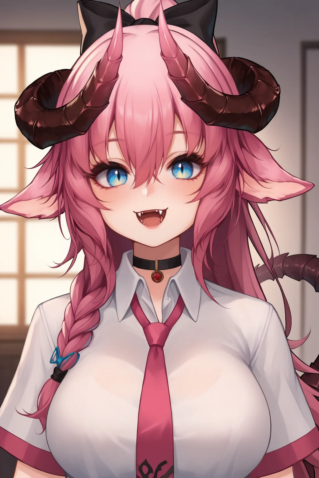 score_9, score_8_up, score_7_up, score_6_up, score_5_up, score_4_up, IrelythVTXL, blue eyes, colored eyes, pink hair, sidelocks, long hair, black bow, side braid, hair between eyes, animal ears, horns, fangs, black chocker, large breasts, collared shirt, white shirt, short sleeves, pink necktie, dragon tail, (portrait, upper body), seductive smile, looking at viewer, indoors <lora:IrelythVTXL:0.8>