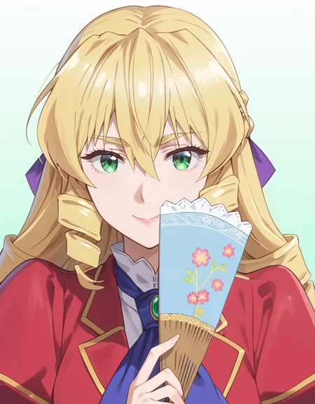 score_9, score_8_up, score_7_up, source_anime, BREAK
1girl, solo, looking at viewer, gradient background, upper body, light smile, hand fan,
grace auvergne (akuyaku reijou tensei ojisan), long hair, blonde hair, drill hair, braid, hair ribbon, hair between eyes, green eyes,
school uniform, white shirt, red jacket, blue ascot, jewelry, puffy sleeves,
<lora:grace_auvergne-akuyaku_reijou_tensei_ojisan_s1_v2-anime-soralz:1>