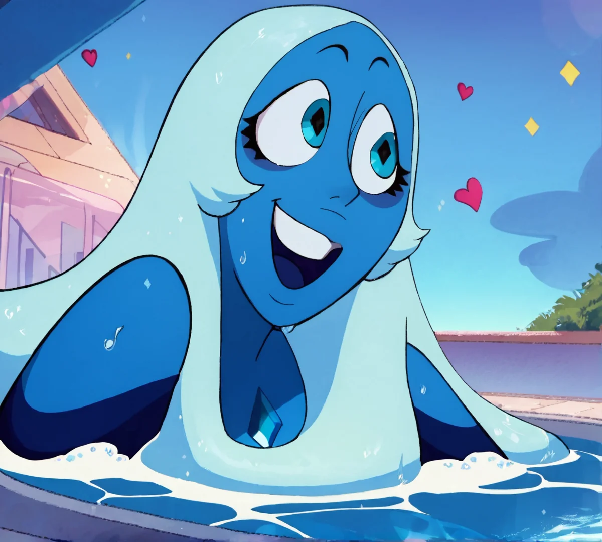 blue diamond, zPDXL, best quality, amazing quality, score 9, 1girl, bathing, pool, happy, <lora:BlueDiamond:1>