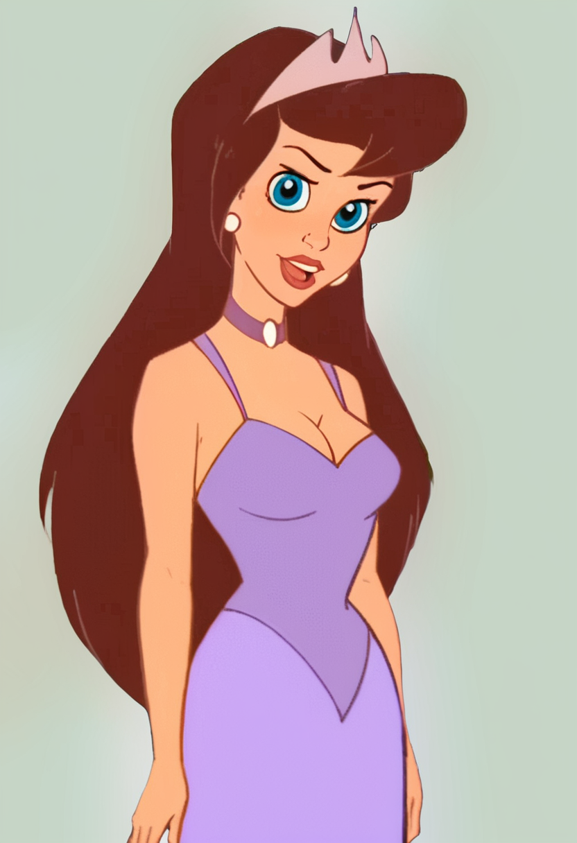 score_9, score_8_up, score_7_up, score_6_up, <lora:PrincesspersonPDXL:0.9> princessclaraxl, long hair, brown hair, blue eyes, earrings, choker, tiara, lipstick, purple dress, cleavage, medium breasts, loking at viewer,