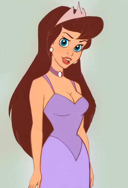 score_9, score_8_up, score_7_up, score_6_up, <lora:PrincesspersonPDXL:0.9> princessclaraxl, long hair, brown hair, blue eyes, earrings, choker, tiara, lipstick, purple dress, cleavage, medium breasts, loking at viewer,