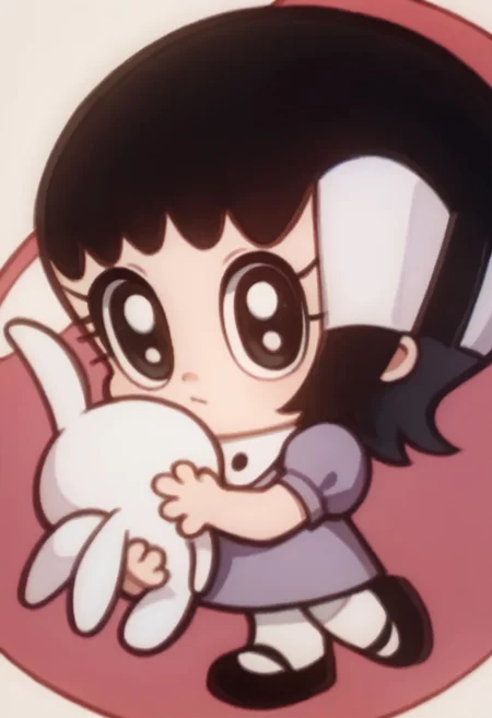 score_9, score_8_up, score_7_up BREAK AyeEyes, 1girl, black hair, black eyes, white buttoned collar, puff sleeve purple dress, white stockings, black mary jane shoes, holding white bunny plush, staring at viewer, chibi size, chibi style,