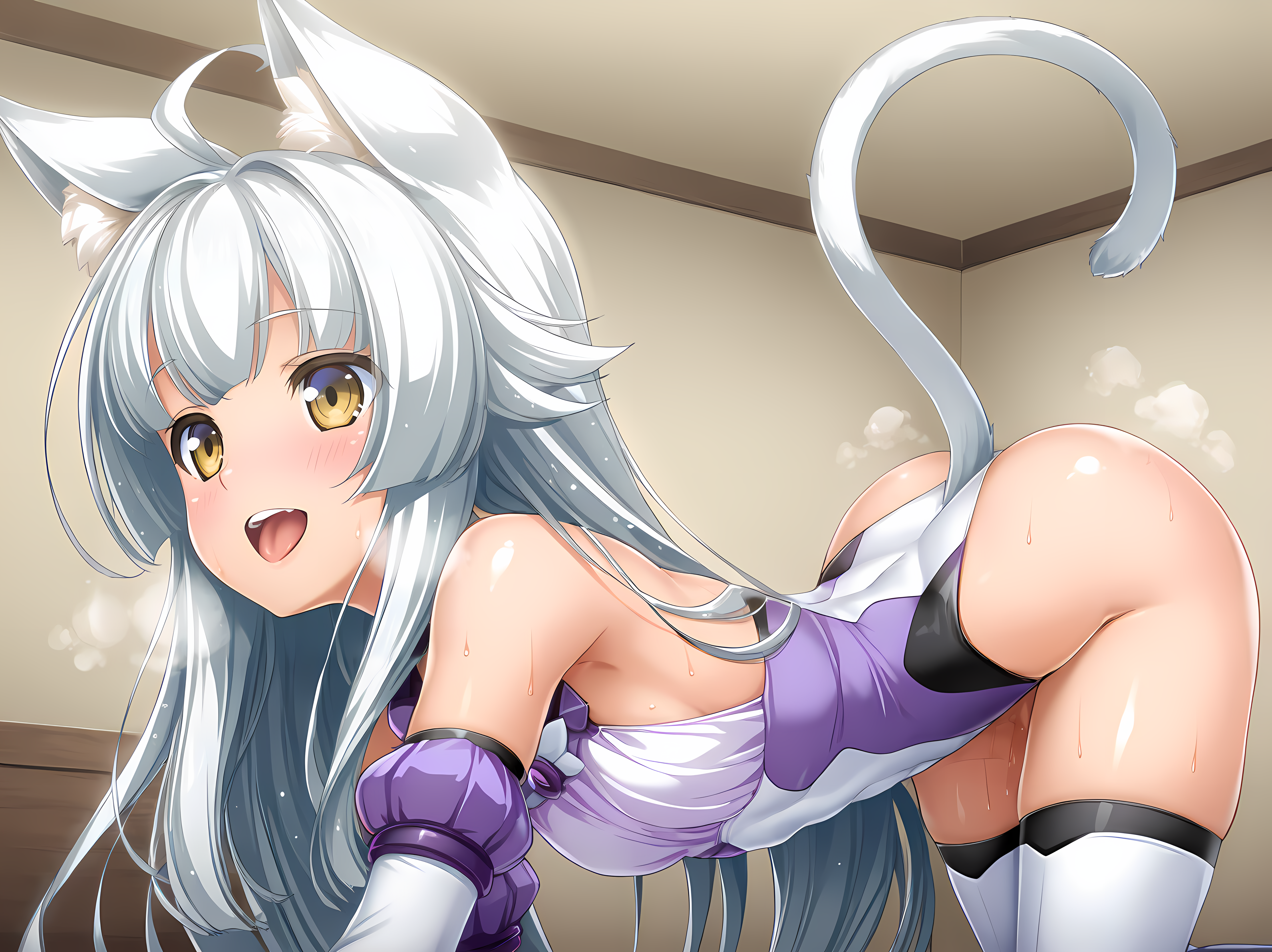 <lora:Yuri_Amakubo_-_Exstia_Illustrious:1>,lusterise,flora,cat form,animal ears,yellow eyes,white hair,tail,very long hair,cowboy shot,smile,breasts,indoors,small breasts,breasts,grin,thighhighs,elbow gloves,1girl,boots,leotard,open mouth,tongue,blush,heavy breathing,steaming body,all fours,, masterpiece,best quality,amazing quality,