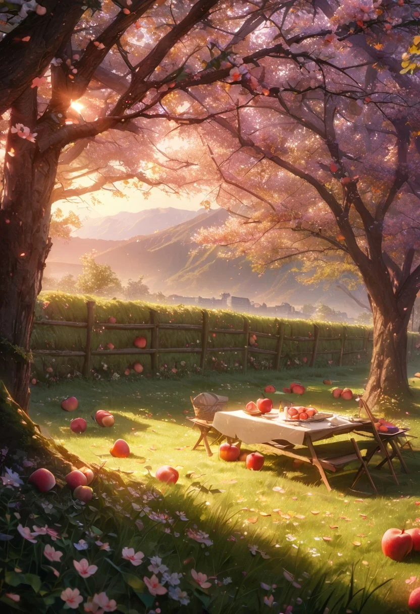 (best quality, 8k, high res, masterpiece:1.2, picnic), photorealistic, ultra-detailed, vibrant photography of a picturesque peach orchard at sunset,The trees are heavy with ripe, glistening apples in shades of red, green, and gold, their leaves a vibrant, healthy green. Sunlight filters through the branches, casting a warm, golden glow over the entire scene. Delicate apple blossoms still cling to some branches, adding a touch of soft pink and white to the landscape. The ground is covered with a lush carpet of grass and wildflowers, with fallen apples scattered about. A rustic wooden fence borders the orchard, and in the background, rolling hills and distant mountains are bathed in the warm, fading light of the setting sun. A gentle breeze rustles the leaves and carries the sweet scent of apples through the air. This idyllic scene captures the serene beauty and abundance of nature in exquisite detail. (dynamic angle, cinematic lighting, ethereal atmosphere:1.1), (extremely detailed:1.2), (vivid colors:1.3), (perfect composition:1.2), (sharp focus, stunning realism:1.2)