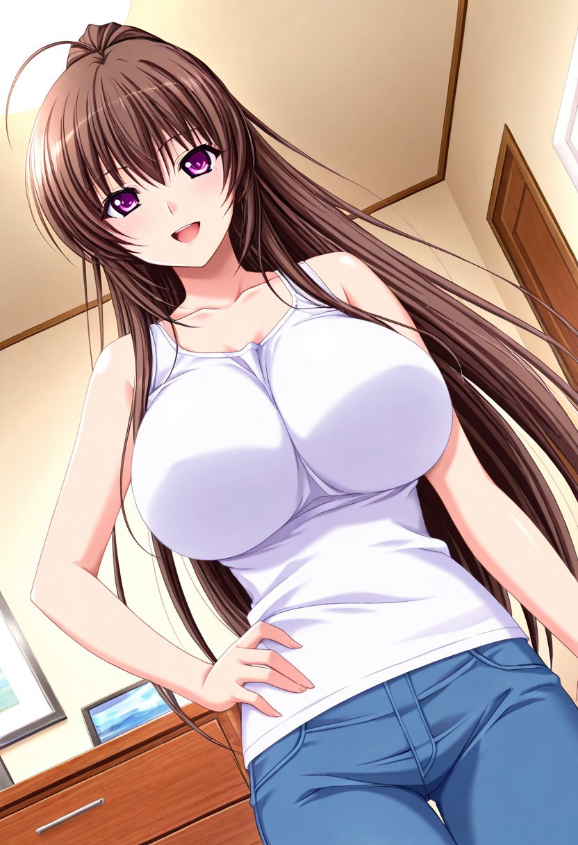 general,highres, ultra-detailed,very aesthetic,best quality ,best hands,best eyes,easynegative,
dynamic anglre, dutch angle, anime cloring,anime screencap,
1girl solo,looking at viewer,bedroom,smile,open mouth,hand on hip,waving hand, 
Kyouko SHIRAKAWA,brown_hair, long_hair, ponytail, purple eyes, huge_breasts, ahoge,bare shoulders shirt, pants,