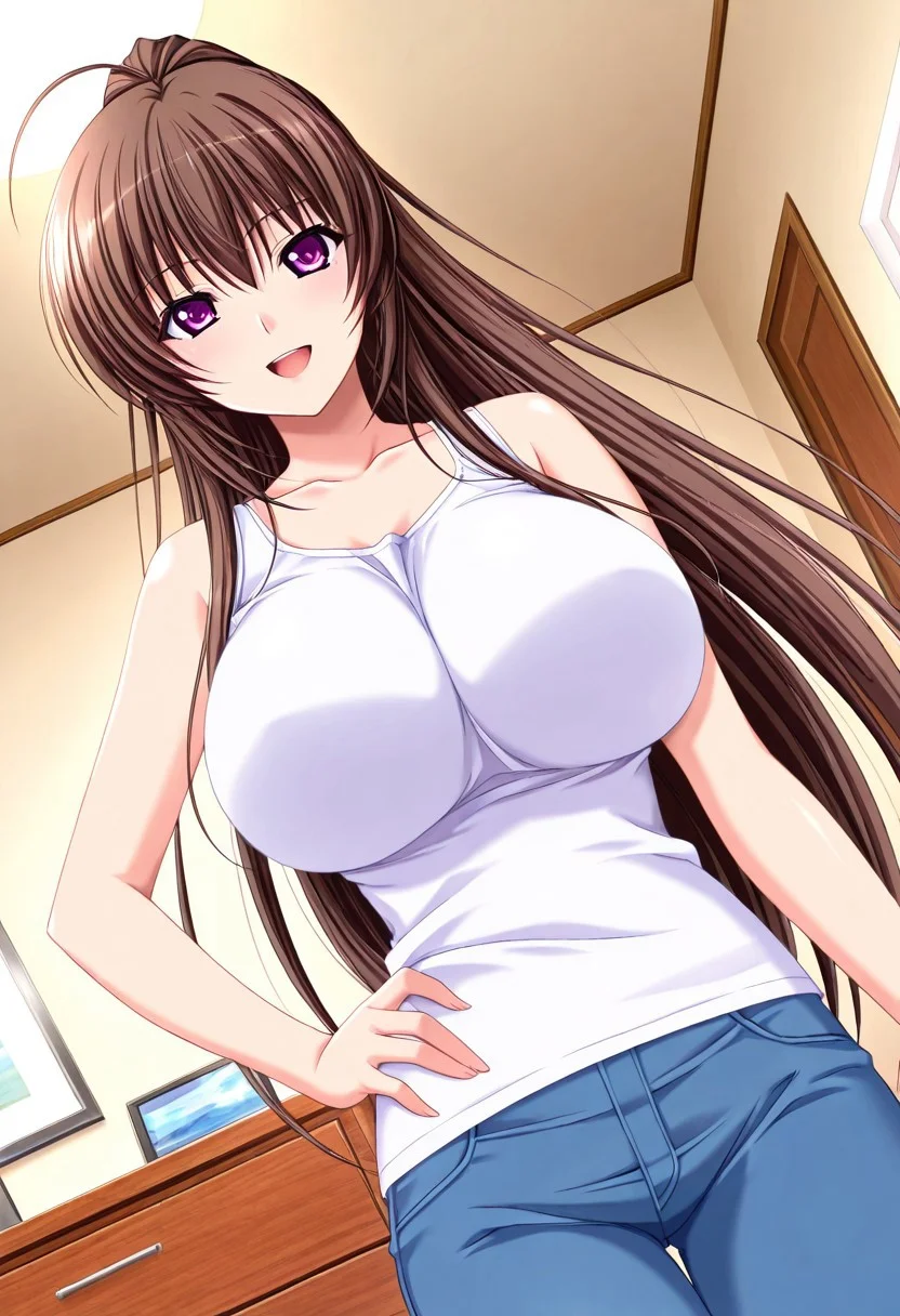 general,highres, ultra-detailed,very aesthetic,best quality ,best hands,best eyes,easynegative,
dynamic anglre, dutch angle, anime cloring,anime screencap,
1girl solo,looking at viewer,bedroom,smile,open mouth,hand on hip,waving hand,
Kyouko SHIRAKAWA,brown_hair, long_hair, ponytail, purple eyes, huge_breasts, ahoge,bare shoulders shirt, pants,