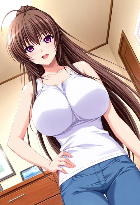general,highres, ultra-detailed,very aesthetic,best quality ,best hands,best eyes,easynegative,
dynamic anglre, dutch angle, anime cloring,anime screencap,
1girl solo,looking at viewer,bedroom,smile,open mouth,hand on hip,waving hand, 
Kyouko SHIRAKAWA,brown_hair, long_hair, ponytail, purple eyes, huge_breasts, ahoge,bare shoulders shirt, pants,