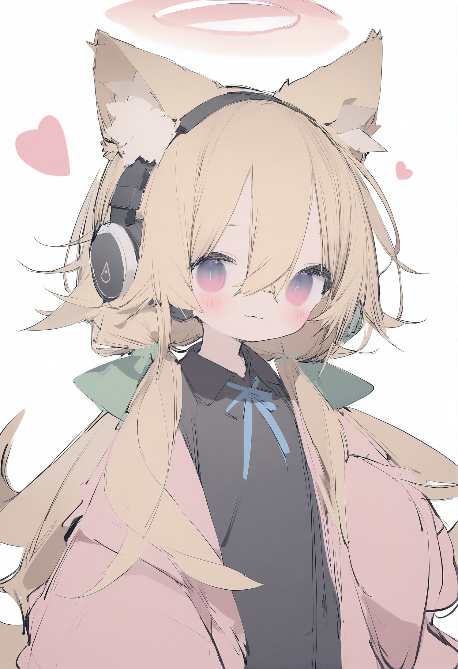 1girl, 
nanmokaken, 
collared shirt, solo, simple background, long sleeves, halo, blunt bangs, hoodie, closed eyes, pink eyes, blonde hair, heart, multicolored eyes, bow, low twintails, animal ear fluff, smile, :3, hood, neck ribbon, twintails, sleeves past wrists, looking at viewer, pink bow, cat ears, pink halo, hair bow, black shirt, closed mouth, sketch, headphones, white background, shirt, hair between eyes, green bow, blush, blue ribbon, animal ears, long hair, ribbon, 
masterpiece, best quality, newest,  safe
 <lora:nanmokaken_image36_2024-03-28_a31-000045:1>