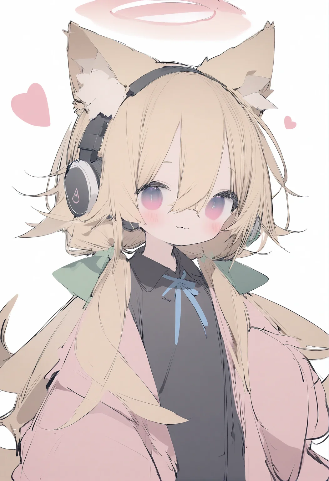 1girl,
nanmokaken,
collared shirt, solo, simple background, long sleeves, halo, blunt bangs, hoodie, closed eyes, pink eyes, blonde hair, heart, multicolored eyes, bow, low twintails, animal ear fluff, smile, :3, hood, neck ribbon, twintails, sleeves past wrists, looking at viewer, pink bow, cat ears, pink halo, hair bow, black shirt, closed mouth, sketch, headphones, white background, shirt, hair between eyes, green bow, blush, blue ribbon, animal ears, long hair, ribbon,
masterpiece, best quality, newest, safe
<lora:nanmokaken_image36_2024-03-28_a31-000045:1>