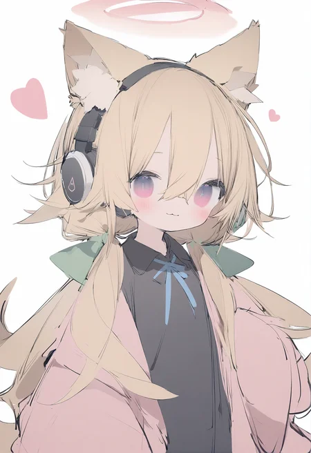 1girl,
nanmokaken,
collared shirt, solo, simple background, long sleeves, halo, blunt bangs, hoodie, closed eyes, pink eyes, blonde hair, heart, multicolored eyes, bow, low twintails, animal ear fluff, smile, :3, hood, neck ribbon, twintails, sleeves past wrists, looking at viewer, pink bow, cat ears, pink halo, hair bow, black shirt, closed mouth, sketch, headphones, white background, shirt, hair between eyes, green bow, blush, blue ribbon, animal ears, long hair, ribbon,
masterpiece, best quality, newest, safe
<lora:nanmokaken_image36_2024-03-28_a31-000045:1>