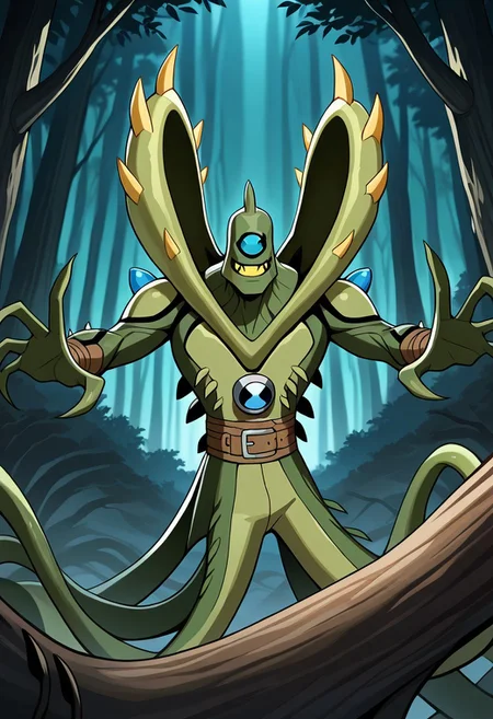 , masterpiece, best quality, amazing quality, very aesthetic, absurdres, newest,
wildvine, solo, brown skin, alien, monster, one eye, blue eye, green skin, , spikes, claws, yellow teeth, smile,, no hair, 1boy, Digimon, 
 dynamic pose, green tentacles, statue pose, wooden skin, holding tree branch, acting like tree, hand leaves, spiked body, tree transformation