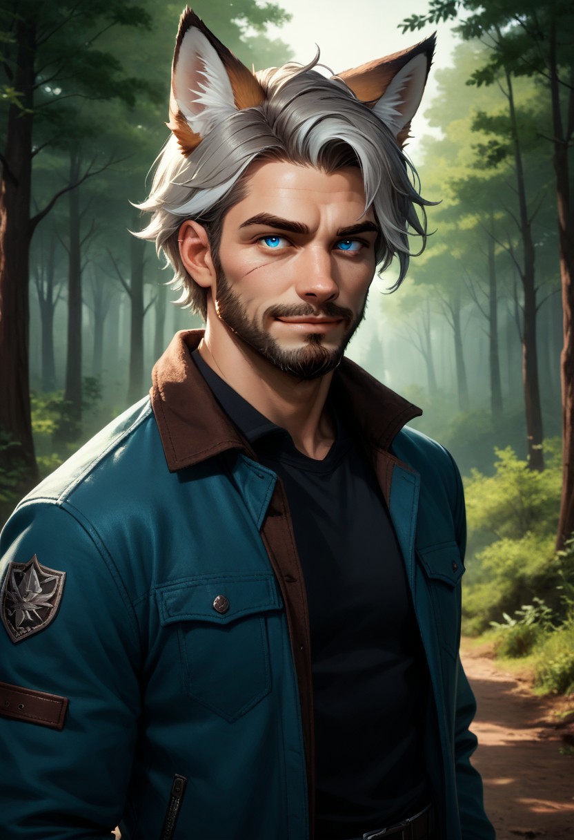 cinematic, highly professional, high contrast, BREAK lo-fi, soft colors, Andrew Ennis-Bryant, 1boy, animal ear fluff, animal ears, beard, belt, black shirt, blue eyes, blue jacket, closed mouth, collared jacket, day, facial hair, forest, furry, furry male, grey hair, hand up, jacket, long sleeves, looking at viewer, male focus, multicolored hair, nature, open clothes, open jacket, outdoors, scar, scar on face, shirt, short hair, smile, solo, thick eyebrows, tree, two-tone hair, upper body, white hair, fox boy, fox ears , realism style ,dark background, UHD, highly detailed, specular highlights, sidelighting, score_9, score_8_up, score_7_up, score_6_up, score_5_up, score_4_up,