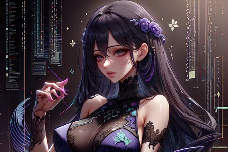 highly insanely detailed, masterpiece, top quality, best quality, highres, 4k, 8k, RAW photo, (very aesthetic, beautiful and aesthetic),
(code_style,codestyle),(sympattern,geometric pattern),
<lora:CodeStyle (half generic class)_564920:1>,
(1girl:1.3), 1other,
dark chestnut background,ethereal lavender background,(neon color background),âââ