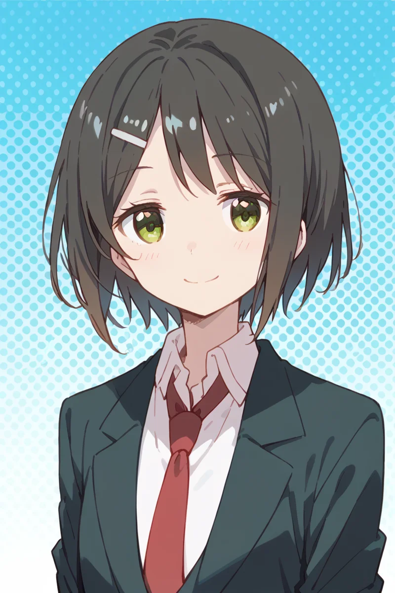 score_9, score_8_up, score_7_up, score_6_up,
<lora:Kaede_Ikeno:1> kaede, solo, necktie, school uniform, hair ornament, smile, short hair, hairclip, 1girl, red necktie, green eyes, looking at viewer, black hair, blazer, polka dot background,