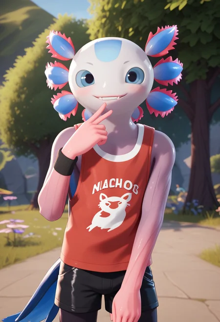 furry, solo anthro, male, smile, looking at viewer, axolotl, pink and blue skin, blue eyes, red shirt, Axo, Expressiveh, ng_deepnegative_v1_75t, black shorts, wrist band, axolotl tail