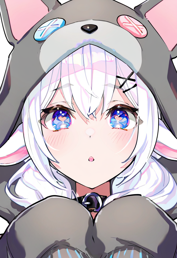 masterpiece, best quality, very aesthetic, DollieHitsujida,   artist:[nobusawa osamu|yoneyama mai|fuzichoco|mika pikazo], white hair, long hair,  sheep ears, blue eyes, heart shaped pupils, 1girl, solo,  x hair ornament,
WolfOutfit
 <lora:noobai_vpred_1_masterpieces_v23:1>  <lora:DollieHitsujidav2EPOCH15:0.8>   <lora:9_EnchantingEyes:0.6>