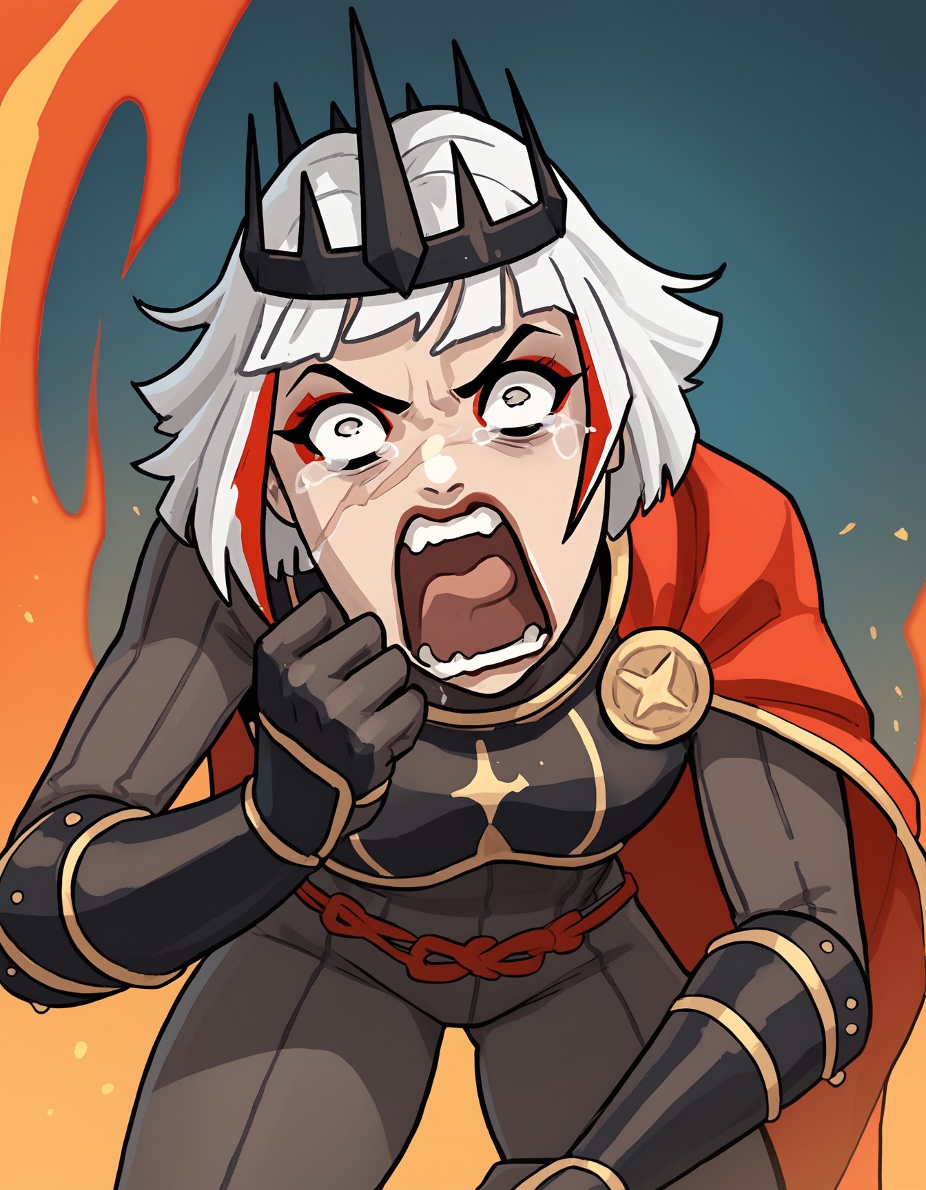 score_9, score_8_up, score_7_up, score_6_up, gtales-dh BREAK, aquascreaming, screaming, open mouth, crying with eyes open, 1girl, solo, short hair, white hair, multicolored hair, makeup, scar, crown, armor, gloves, bracers, bodysuit, cape, thick thighs, fire background, ulf-dh <lora:Ulfger_PDXL:0.6> <lora:add-detail-xl:0.3>  <lora:concept_aquascreaming_ponyXL:0.8>  <lora:Style_-_Tales_grandma_doesnt_tell_r1:0.8>