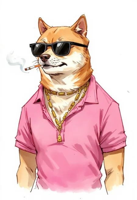 Watercolor painting of a shiba inu smoking a cigarette and wearing sunglasses. He is wearing a pink polo shirt with a popped collar and a gold chain around his neck.