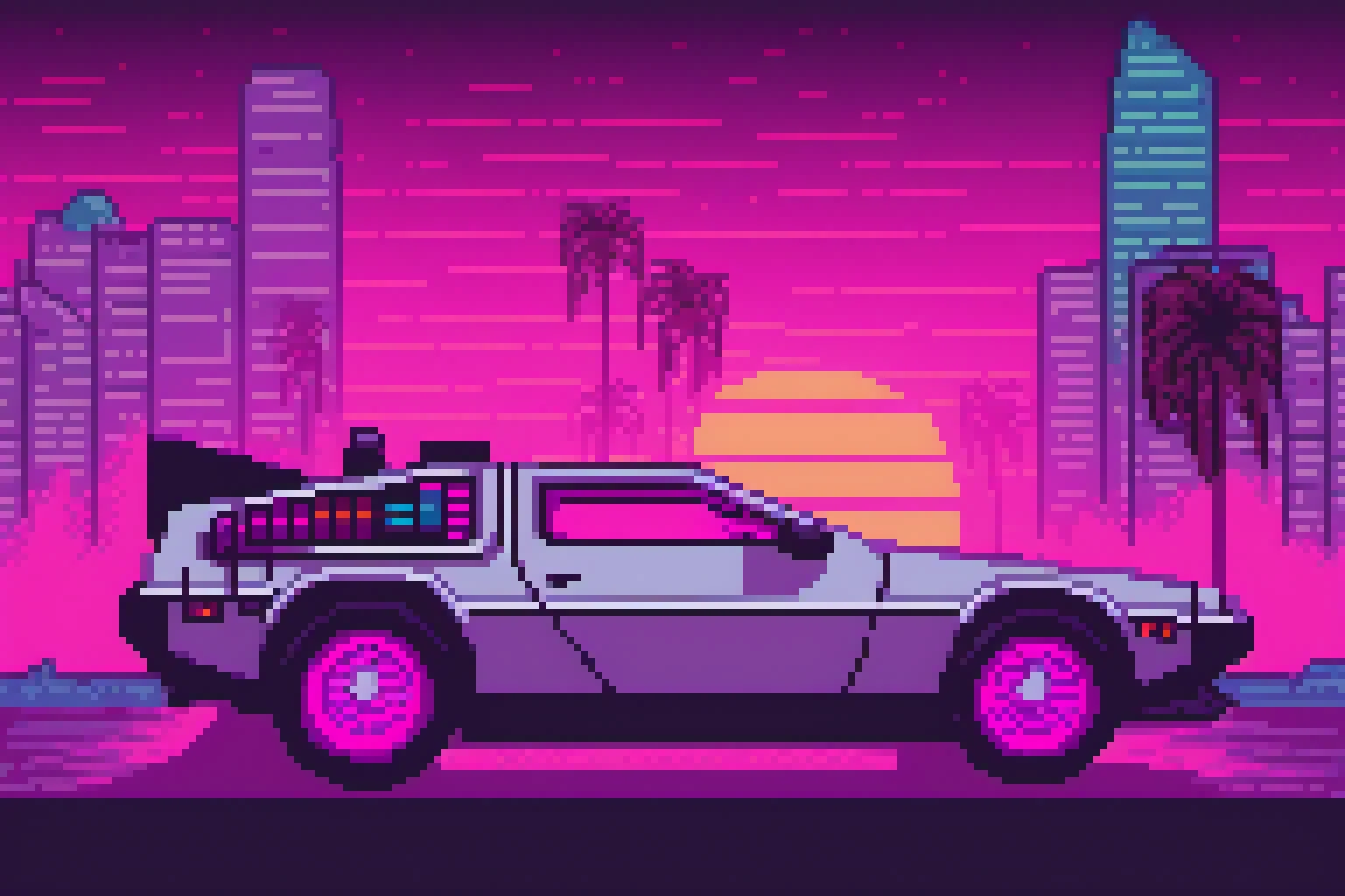 a Delorean on synthwave city <lora:pixelbuildings128-v2:1>