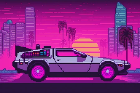 a Delorean on synthwave city <lora:pixelbuildings128-v2:1>
