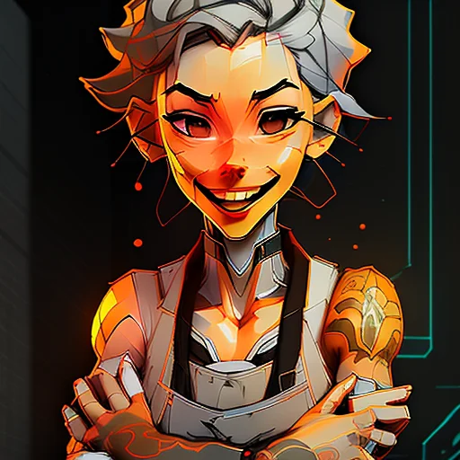 daguerreotype full body portrait of a tough, streamlined, Nervous chef woman, Detailed, smile, with short gray hair wearing hairband , digital art, trending on artstation, highly detailed, fine detail, intricate, outrun, vaporware