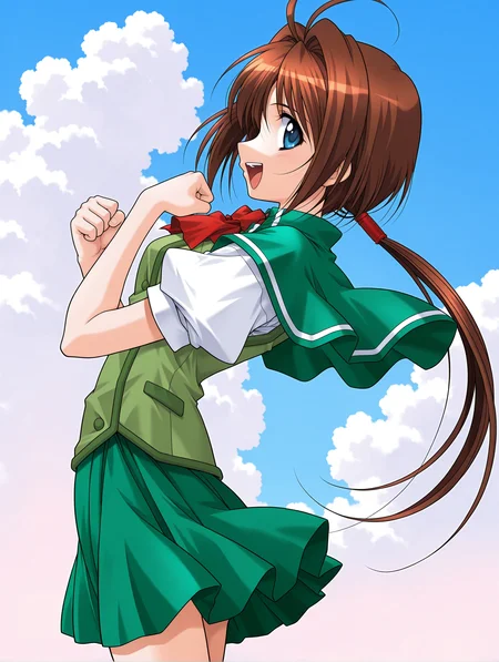 masterpiece,best quality,newest,
1girl,solo,
<lora:wakatsuki_kotomi_ilxl_v1.0:1>,w_kotomo,ahoge,brown hair,blue eyes,low ponytail,long hair,
k_clothes,green capelet,ascot,green vest,puffy short sleeves,green pleated skirt,
<lora:Fixhands_anime_bdsqlsz_V1:1>,cowboy_shot,simple_background,laughing,profile,looking_at_viewer,clenched hands,blue sky,white clouds,