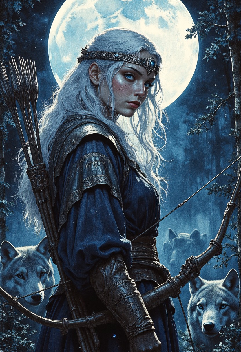 "Artemis," goddess of the hunt, fierce and untamed, illuminated under the silver glow of the full moon, hyperdetailed, 8k resolution concept art, WLOP, Moebius, hyperrealism. Her piercing, ice-blue eyes lock onto the unseen target, her full lips curved into a knowing smirk. Wisps of her platinum-white hair whip across her sharp features, her skin kissed by the cool night air. A silver circlet rests upon her forehead, shaped like crescent moons, their delicate etchings reflecting the ambient glow. Behind her, the dense, mist-covered forest glows faintly with ethereal blue light, the silhouettes of silent wolves at her side, their eyes glimmering in the shadows. She wears a leather-clad, silver-threaded cloak, the faint shimmer of enchanted runes woven into the fabric. In her hand, she grips an ornate, moonlit bow, an arrow nocked, poised to strike. The energy crackles in the air, a goddess both beautiful and deadly, untamed as the wilds she rules.