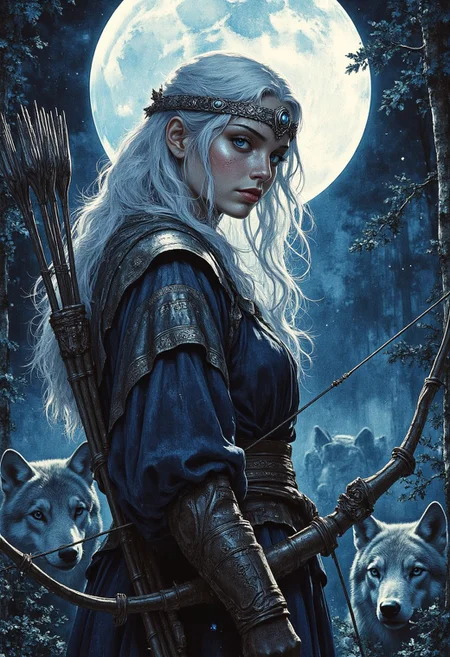 "Artemis," goddess of the hunt, fierce and untamed, illuminated under the silver glow of the full moon, hyperdetailed, 8k resolution concept art, WLOP, Moebius, hyperrealism. Her piercing, ice-blue eyes lock onto the unseen target, her full lips curved into a knowing smirk. Wisps of her platinum-white hair whip across her sharp features, her skin kissed by the cool night air. A silver circlet rests upon her forehead, shaped like crescent moons, their delicate etchings reflecting the ambient glow. Behind her, the dense, mist-covered forest glows faintly with ethereal blue light, the silhouettes of silent wolves at her side, their eyes glimmering in the shadows. She wears a leather-clad, silver-threaded cloak, the faint shimmer of enchanted runes woven into the fabric. In her hand, she grips an ornate, moonlit bow, an arrow nocked, poised to strike. The energy crackles in the air, a goddess both beautiful and deadly, untamed as the wilds she rules.