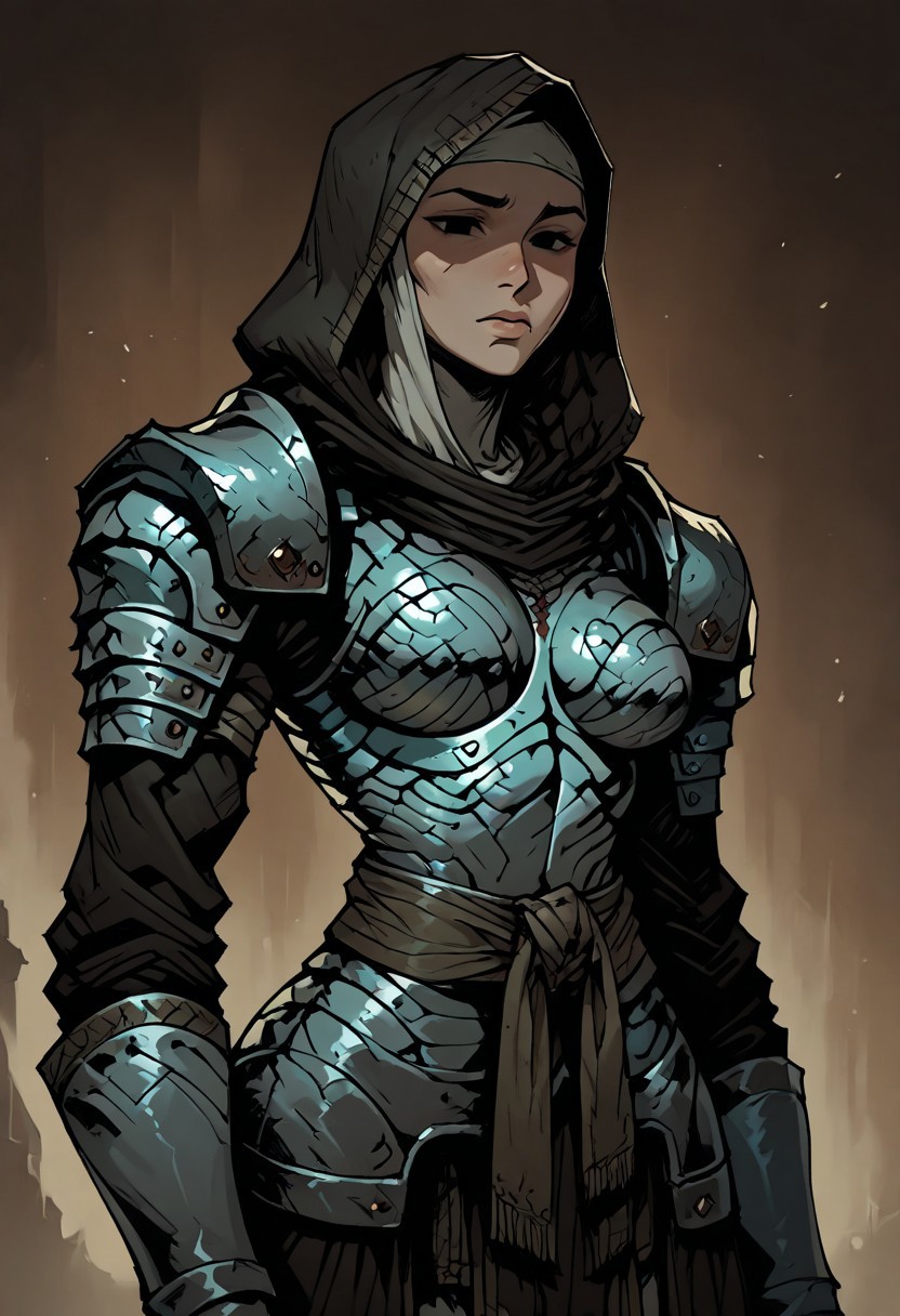masterpiece, best quality, newest, absurdres, highres, anime, anime style, 1girl,  DDVESTL-V1.0, 1girl, armor, hood, shoulder pads, breastplate, shoulder armor, pauldrons, black eyes, shaded eyes,