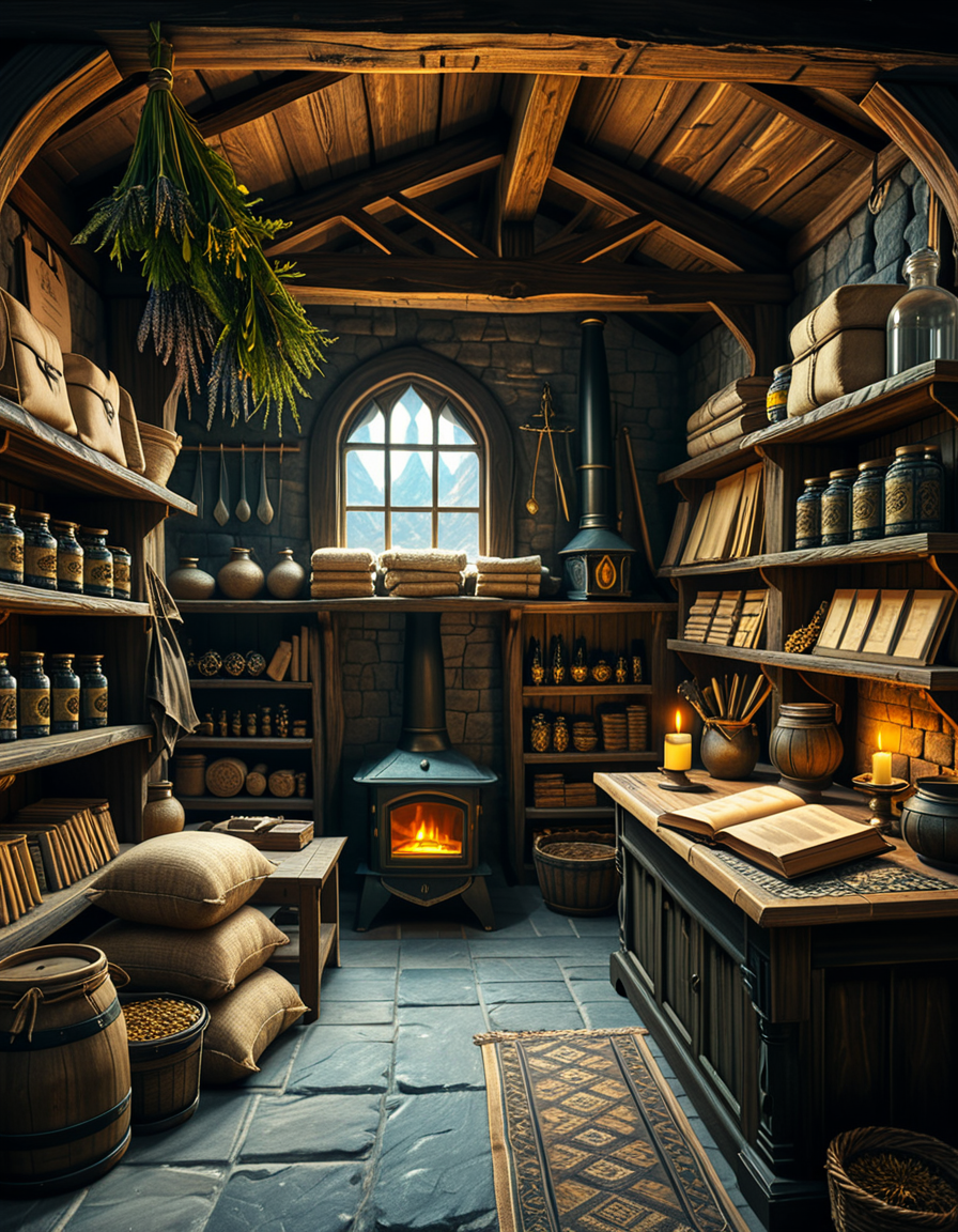 A highly detailed, realistic photograph of a medieval-style general store inspired by Skyrim, captured in soft, natural lighting. The interior features wooden beams and stone walls, aged and weathered, with shelves overflowing with various items: leather-bound books, glass potion bottles glowing faintly in green and blue hues, sacks of grains, and woven baskets filled with herbs. In the corner, a rustic fireplace crackles gently, casting warm, golden light across the room. Weapons like iron swords and steel daggers hang neatly on a wooden rack behind the counter, while a fur rug covers part of the worn wooden floor. On the wooden counter lies a small pile of gold coins beside an old ledger, with a candle burning low. The window shows a misty, pine-filled landscape outside, with soft daylight filtering through. The atmosphere feels cozy, immersive, and authentically Nordic, with rich textures, muted earthy colors, and a slightly cinematic fantasy style. No people are present, only the quiet ambiance of a world at rest.
<lora:SDXLFaeTastic2400:0.4> <lora:extremely_detailed:0.4> extremely detailed,<lora:skyrim_general_st0r3:1>,skyrim general st0r3, Masterpiece,best quality,hi res,8k,hi res,8k,award winning,(sharp focus, intricate, highly detailed),
